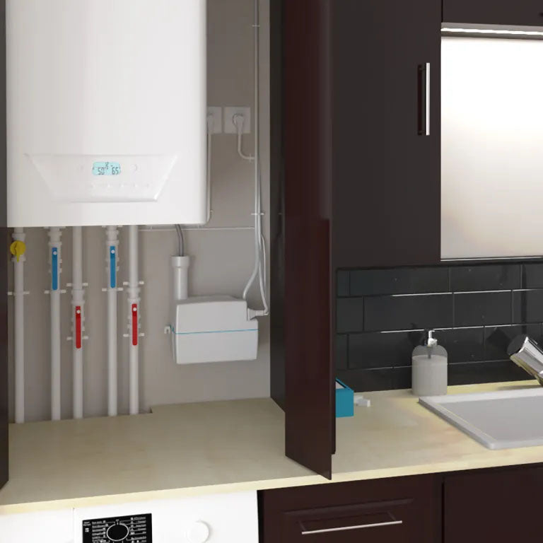 Pompe de relevage Sanicondens Pro SFA pour condensats de gaz, dispositif compact et solide en image.