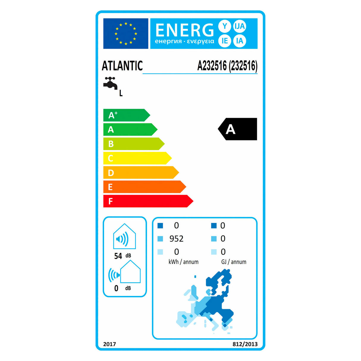 Étiquette énergie atlantic chauffe-eau blanc, classe A, consommation et informations techniques.