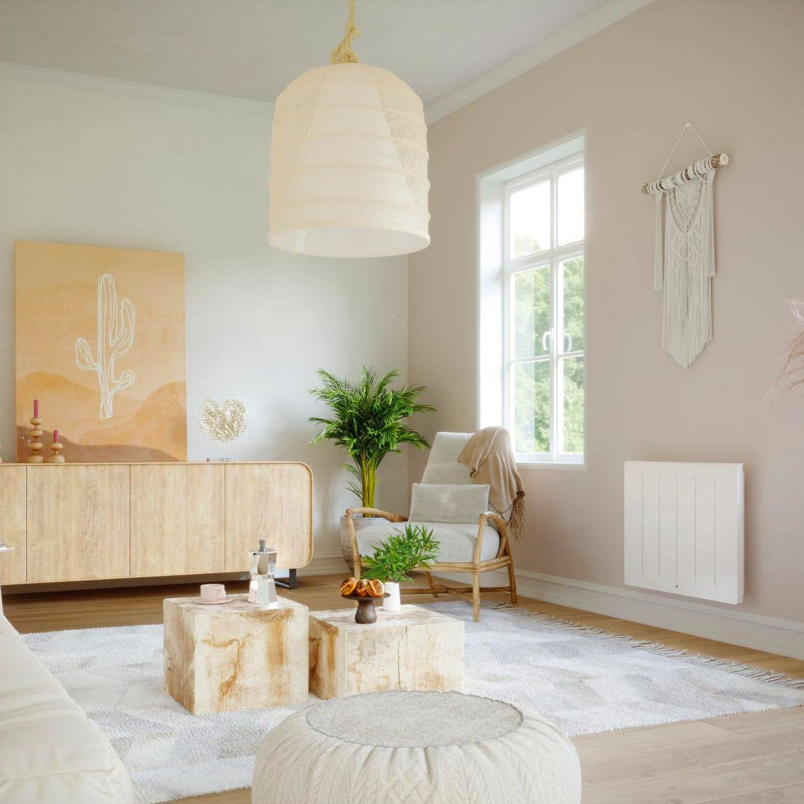 Radiateur électrique Atlantic, type panneau, couleur blanc dans un salon lumineux