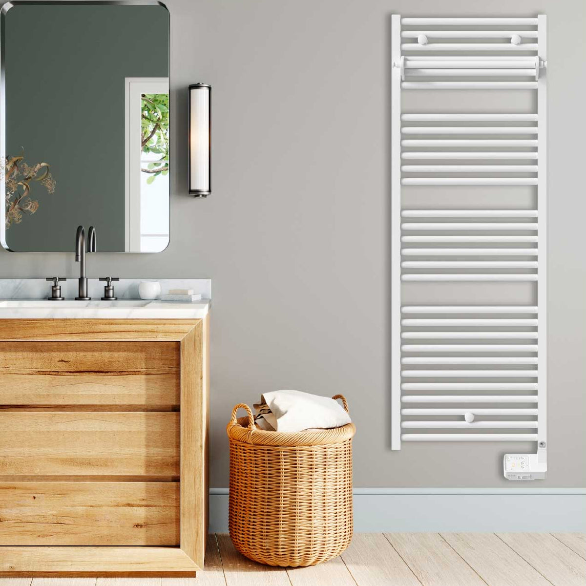 Sèche-serviettes blanc Acova mural, radiateur salle de bain moderne, couleur blanche.