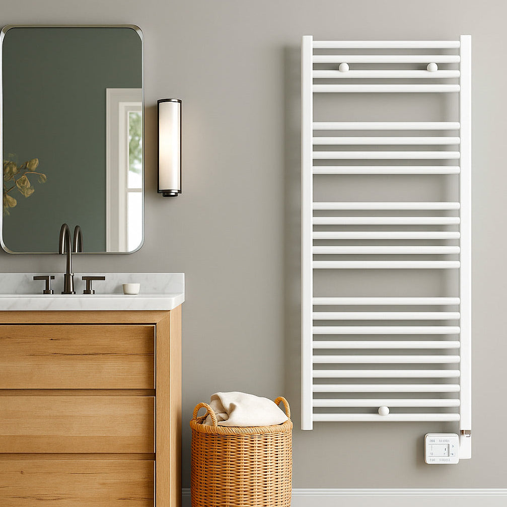 Sèche-serviettes blanc, marque Atlantic, type radiateur mural, dans une salle de bains moderne.