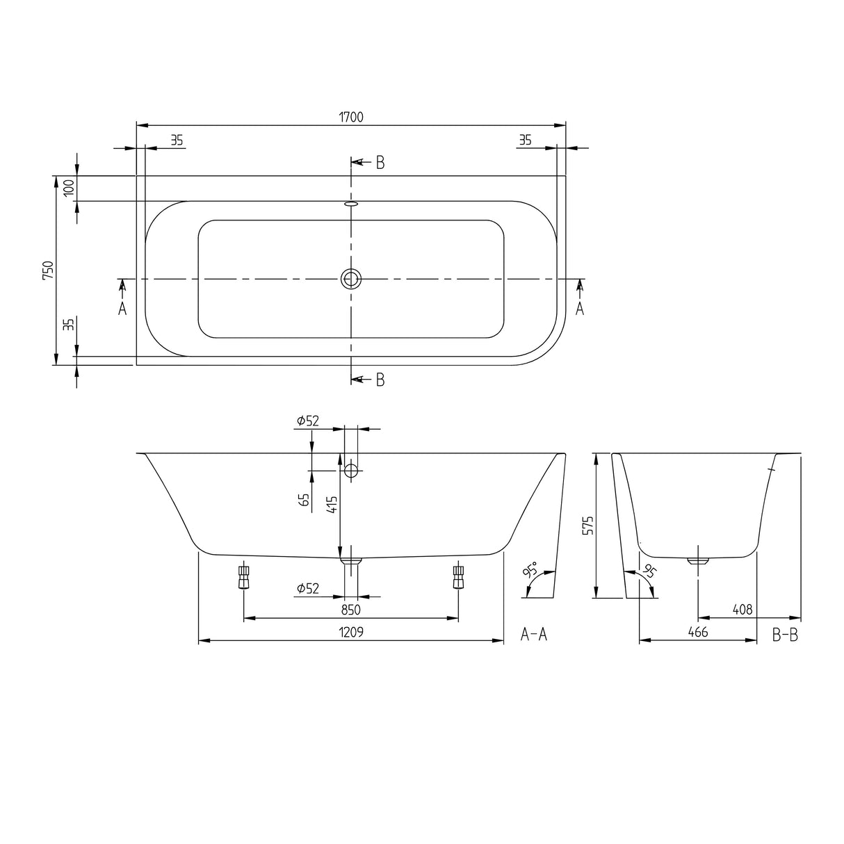 Villeroy & Boch Baignoire murale Architectura pour installation en angle à gauche