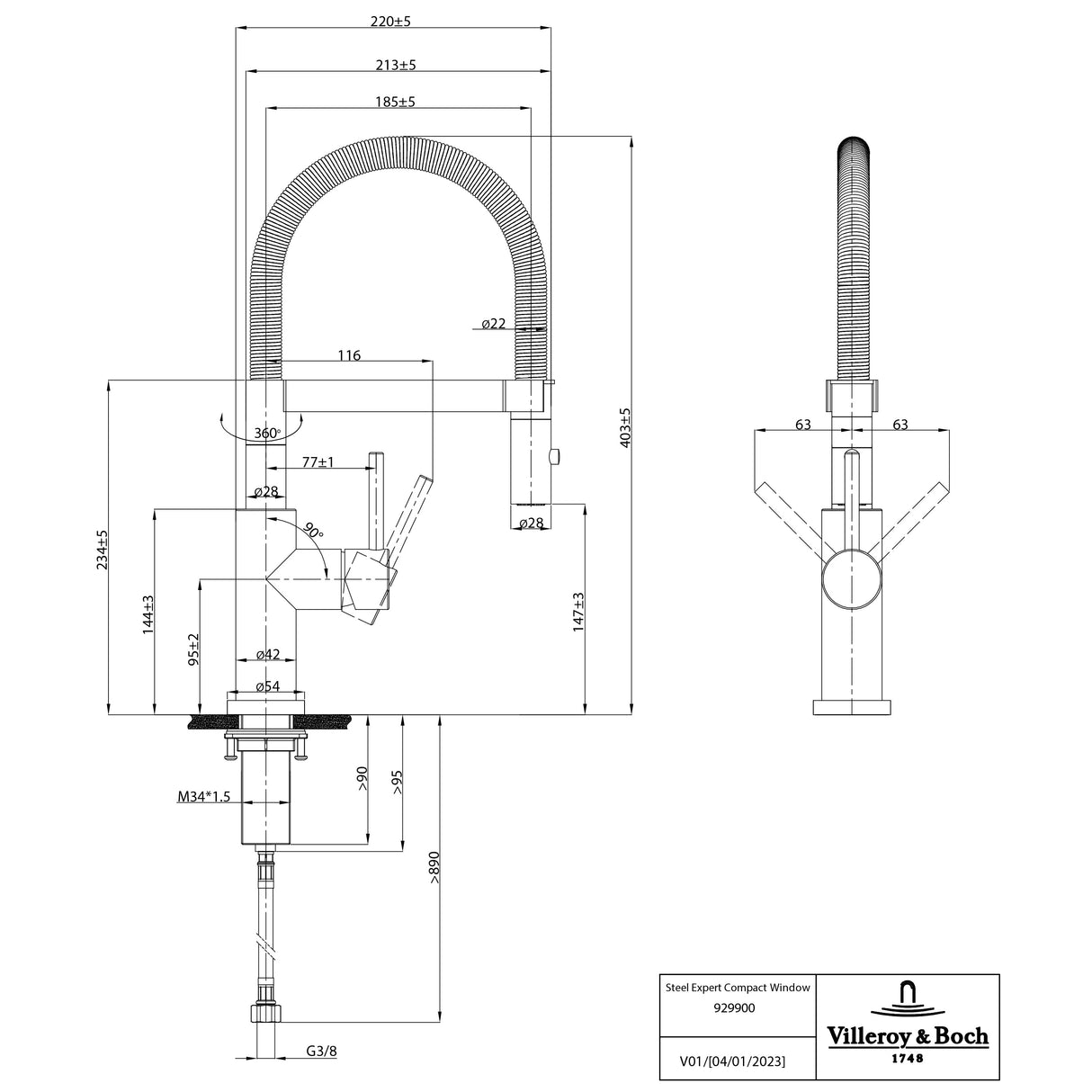 Villeroy & Boch Mitigeur cuisine rabattable Steel Expert Compact Window, acier inoxydable massif