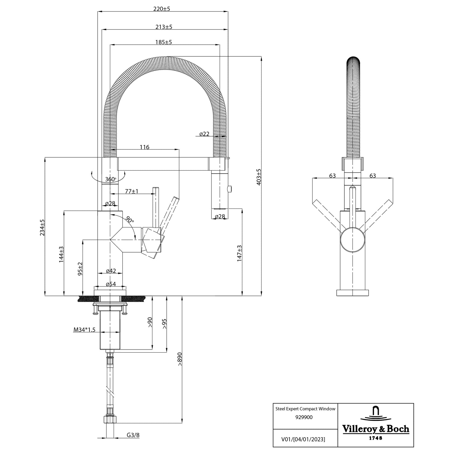 Villeroy & Boch Mitigeur cuisine rabattable Steel Expert Compact Window, acier inoxydable massif