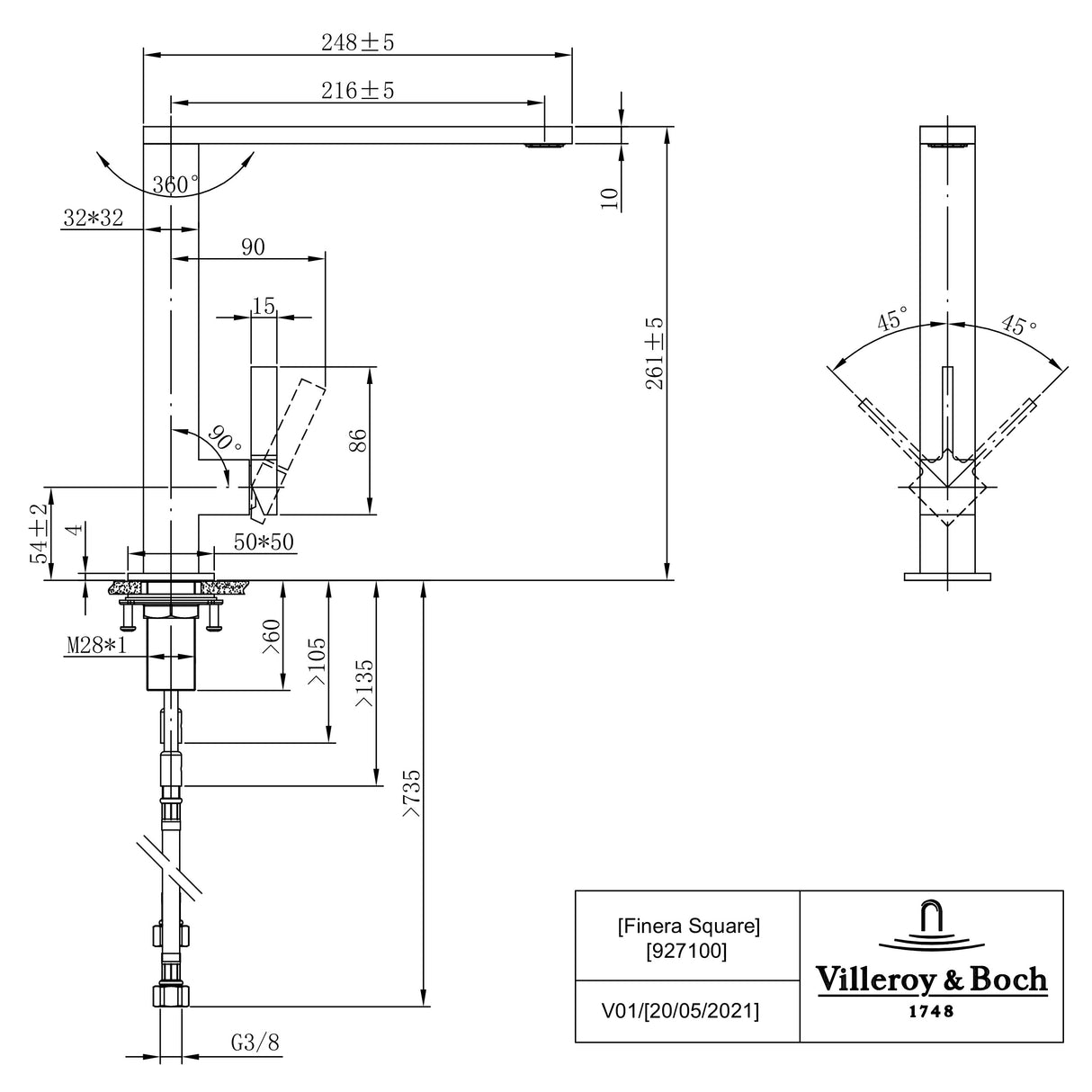 Villeroy & Boch Robinet de cuisine Finera Square acier inox brossé 927100LC
