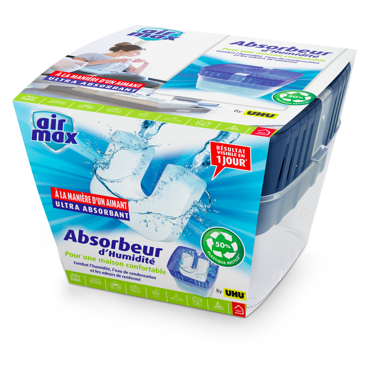 UHU Air max magnet - Absorbeur d'humidité très rapide et efficace, un absorbeur de 450g et 1 recharge magnet ultra-absorbante 450 g incluse