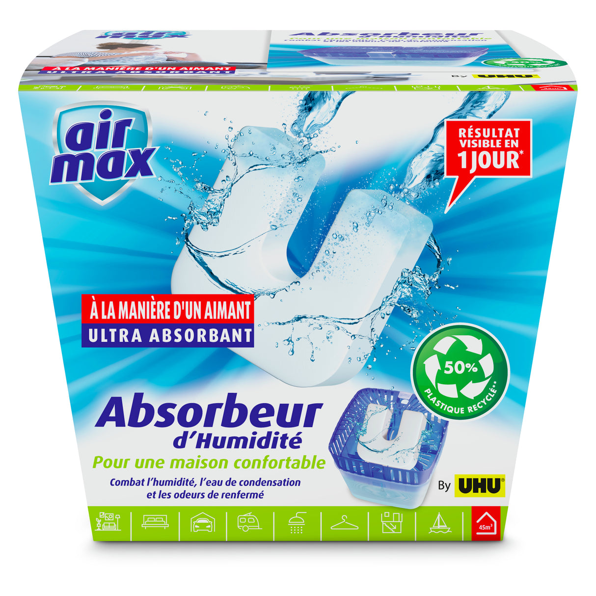 UHU Air max magnet - Absorbeur d'humidité très rapide et efficace, un absorbeur de 450g et 1 recharge magnet ultra-absorbante 450 g incluse