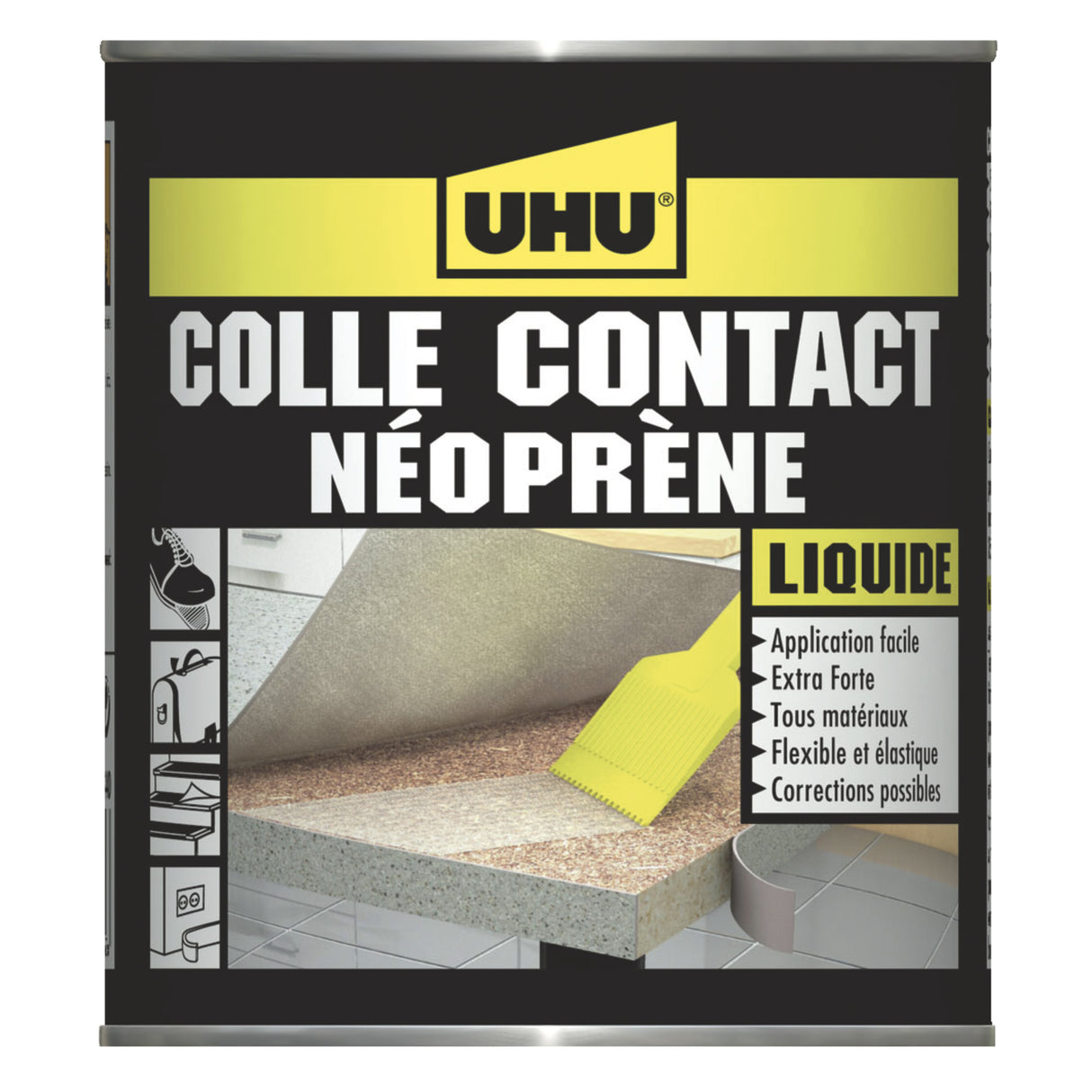 UHU Contact Néoprène liquide - Colle super forte universelle et liquide, adhère immédiatement, transparente, pot 215g