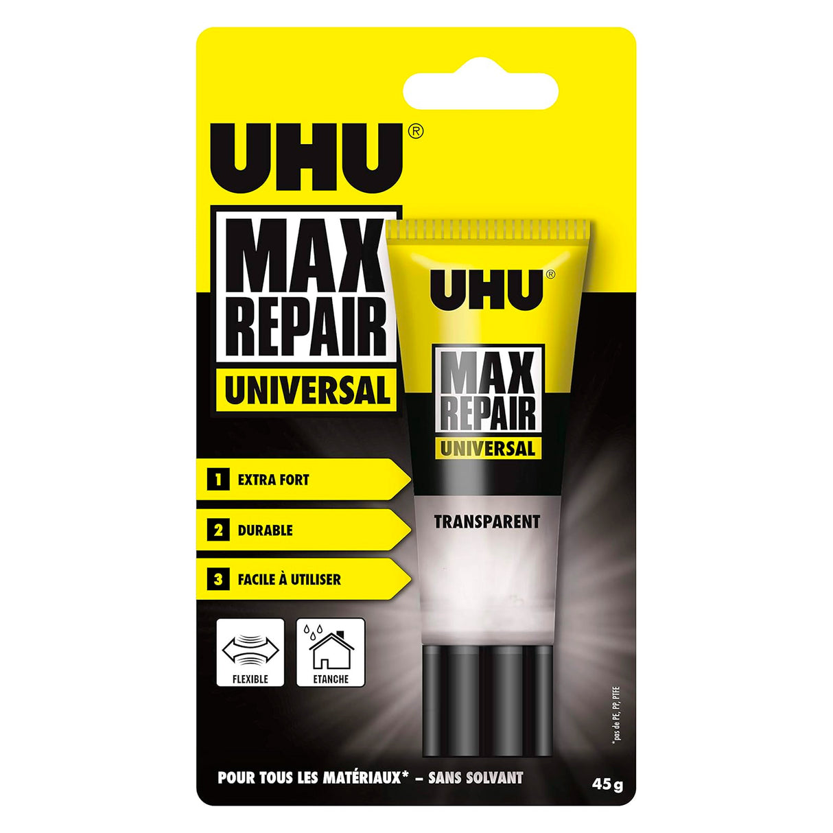UHU Max Repair universal - Colle puissante et flexible, transparente, idéale pour les chaussures, le caoutchouc, le cuir, tube 45g