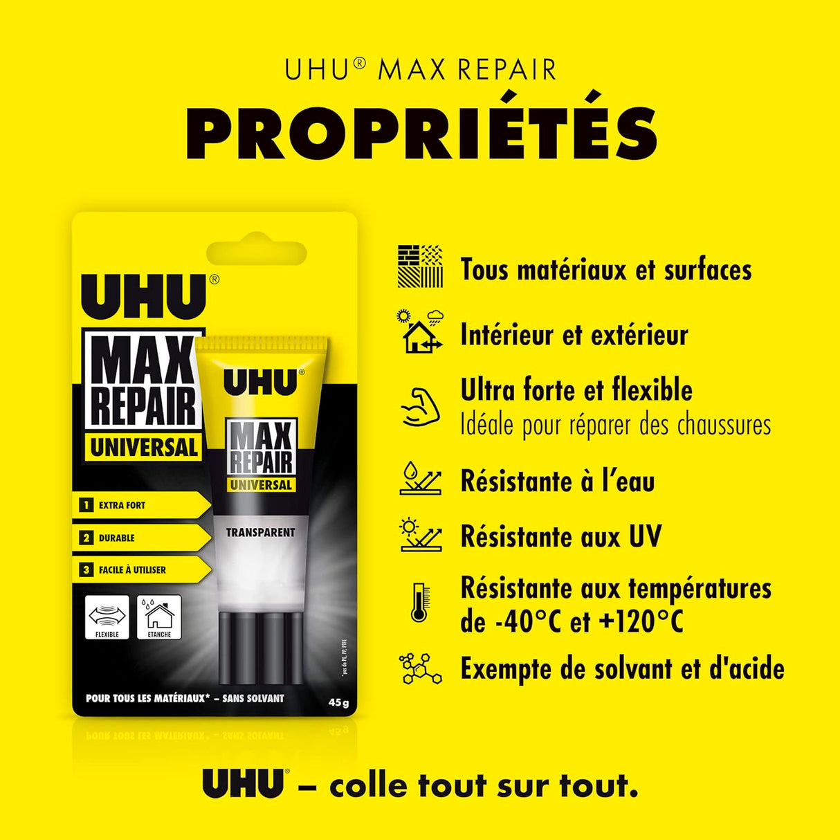 UHU Max Repair universal - Colle puissante et flexible, transparente, idéale pour les chaussures, le caoutchouc, le cuir, tube 45g