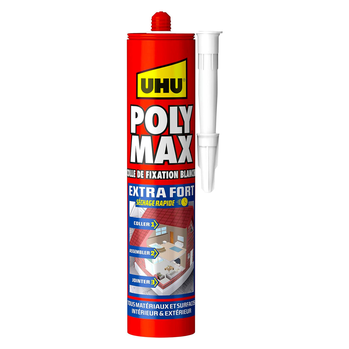 UHU Polymax extra fort- Mastic/colle de fixation MSP pour coller, assembler et jointer, séchage rapide, sans solvants, blanc, cartouche 425 g