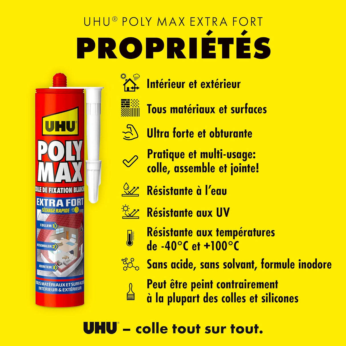 UHU Polymax extra fort- Mastic/colle de fixation MSP pour coller, assembler et jointer, séchage rapide, sans solvants, blanc, cartouche 425 g