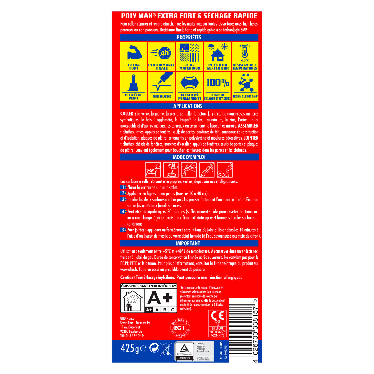 UHU Polymax extra fort- Mastic/colle de fixation MSP pour coller, assembler et jointer, séchage rapide, sans solvants, blanc, cartouche 425 g