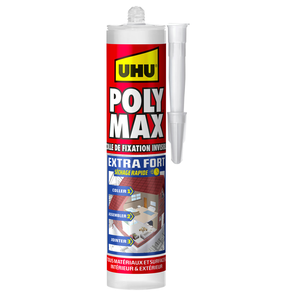 UHU Polymax extra fort invisible- Mastic/colle MSP pour coller, assembler et jointer, séchage rapide, sans solvants, transparent, cartouche 300 g
