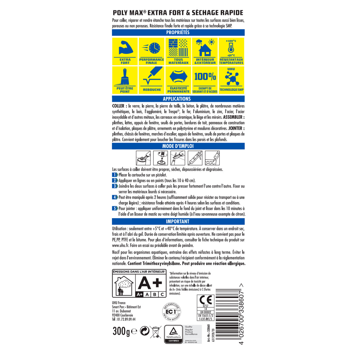 UHU Polymax extra fort invisible- Mastic/colle MSP pour coller, assembler et jointer, séchage rapide, sans solvants, transparent, cartouche 300 g
