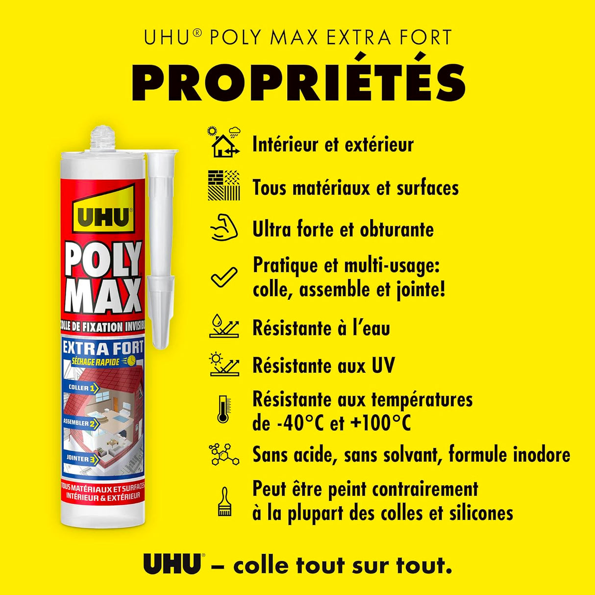 UHU Polymax extra fort invisible- Mastic/colle MSP pour coller, assembler et jointer, séchage rapide, sans solvants, transparent, cartouche 300 g