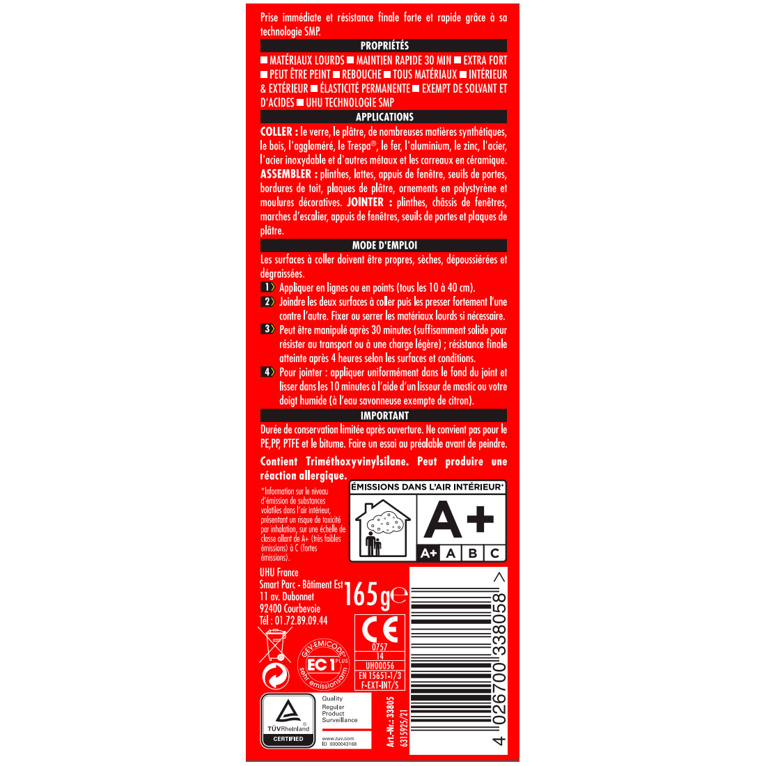 UHU Polymax prise immédiate- Mastic/colle MSP pour coller, assembler et jointer, toutes surfaces, ultra solide, sans solvants, blanc, tube 165 g