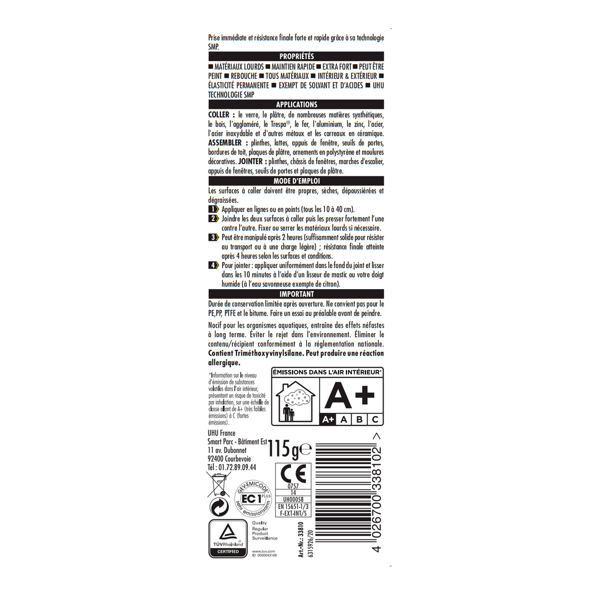 UHU Polymax prise immédiate invisible- Mastic/colle MSP pour coller, assembler et jointer, ultra solide, sans solvants, transparent, tube 115 g