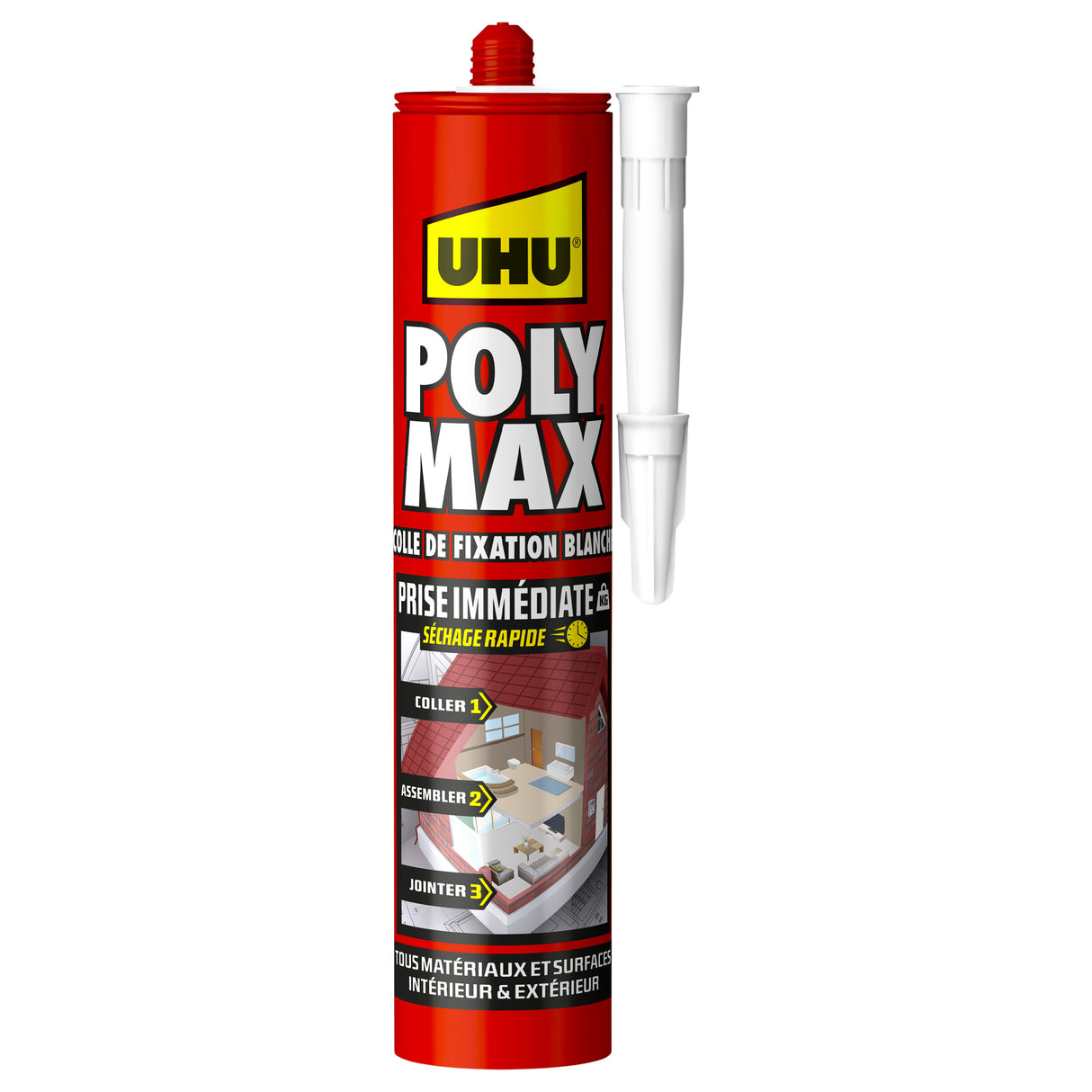UHU Polymax prise immédiate- Mastic/colle MSP pour coller, assembler et jointer, toutes surfaces, ultra solide, sans solvants, blanc, cartouche 425 g
