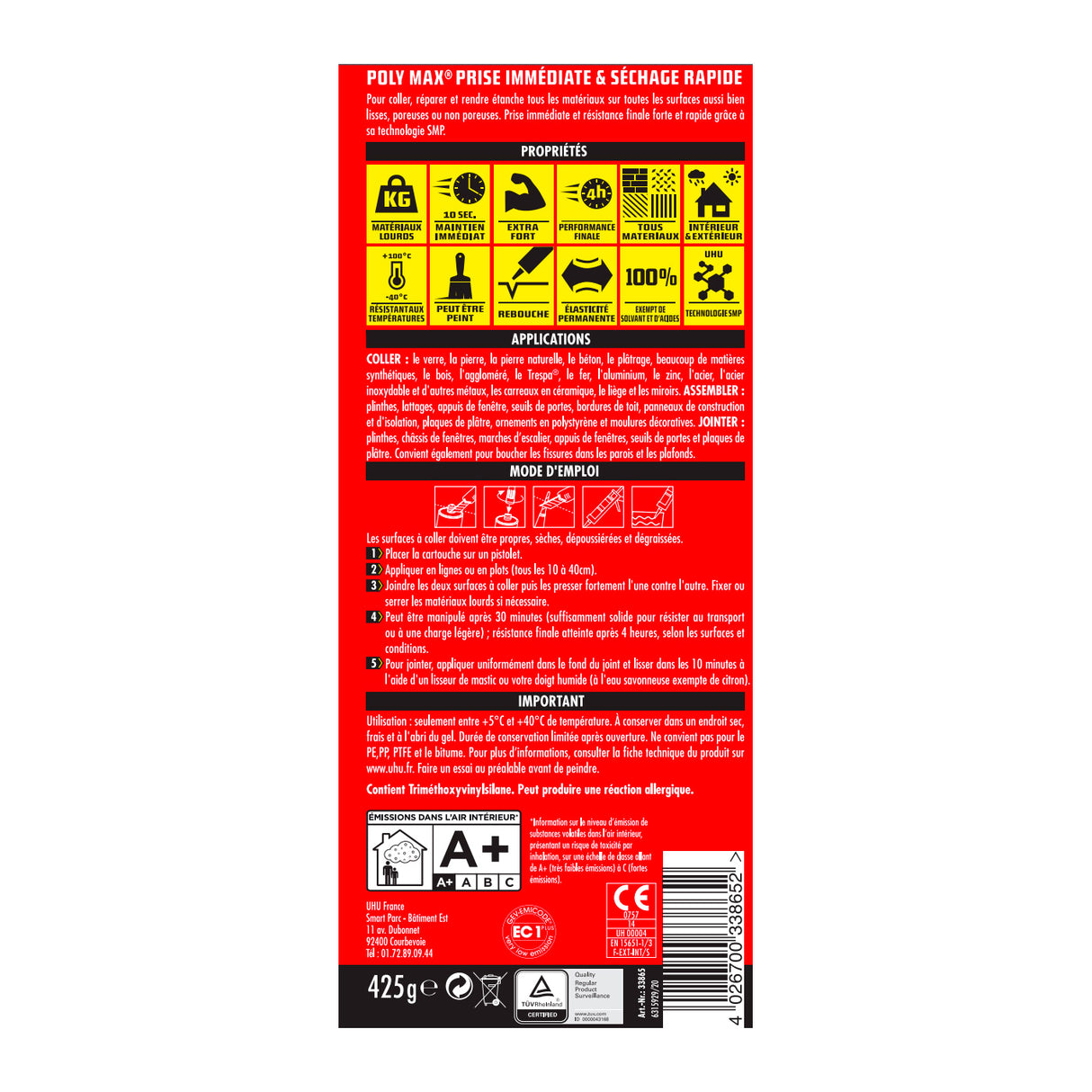 UHU Polymax prise immédiate- Mastic/colle MSP pour coller, assembler et jointer, toutes surfaces, ultra solide, sans solvants, blanc, cartouche 425 g