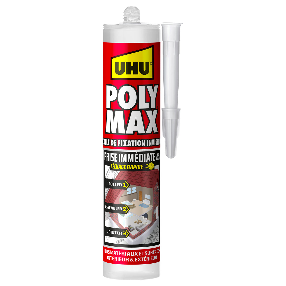 UHU Polymax prise immédiate invisible- Mastic/colle MSP pour coller, assembler et jointer, ultra solide, sans solvants, transparent, cartouche 300 g