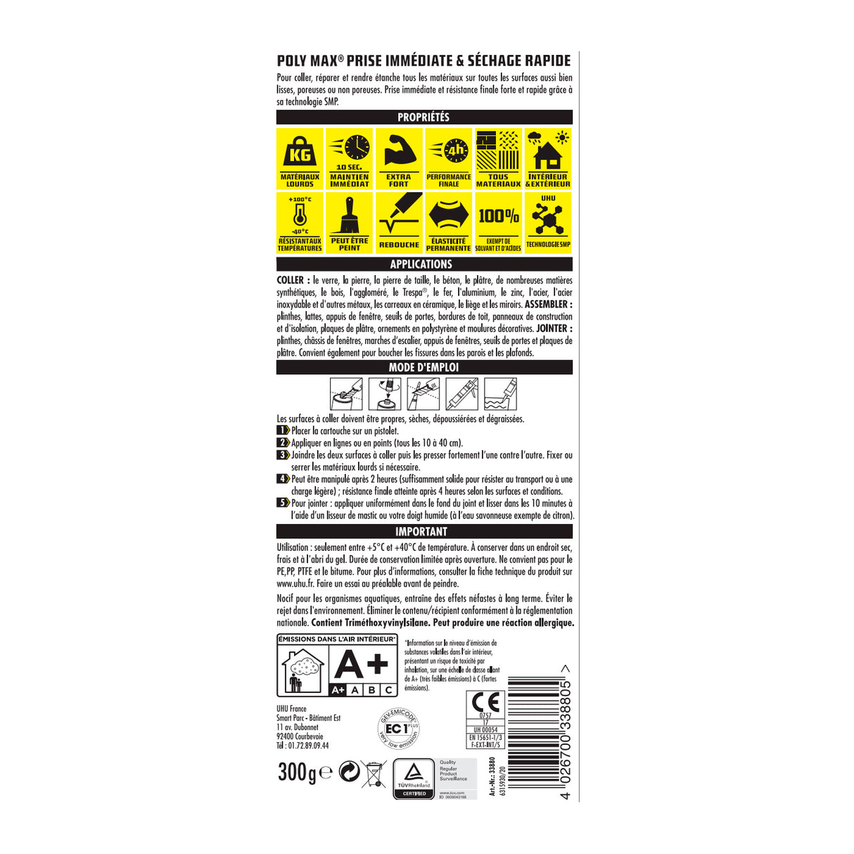 UHU Polymax prise immédiate invisible- Mastic/colle MSP pour coller, assembler et jointer, ultra solide, sans solvants, transparent, cartouche 300 g