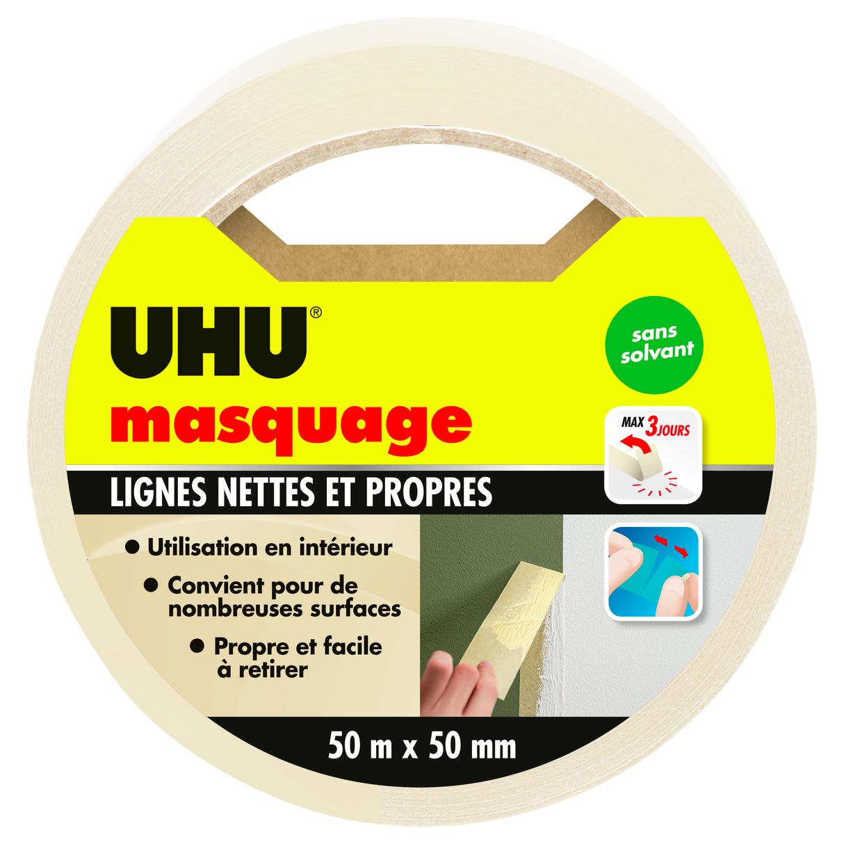 UHU Rollafix - Ruban adhésif de masquage, toute surface intérieur, sans solvant, ruban de 50m x 50mm