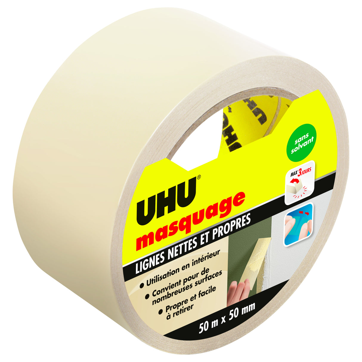 UHU Rollafix - Ruban adhésif de masquage, toute surface intérieur, sans solvant, ruban de 50m x 50mm