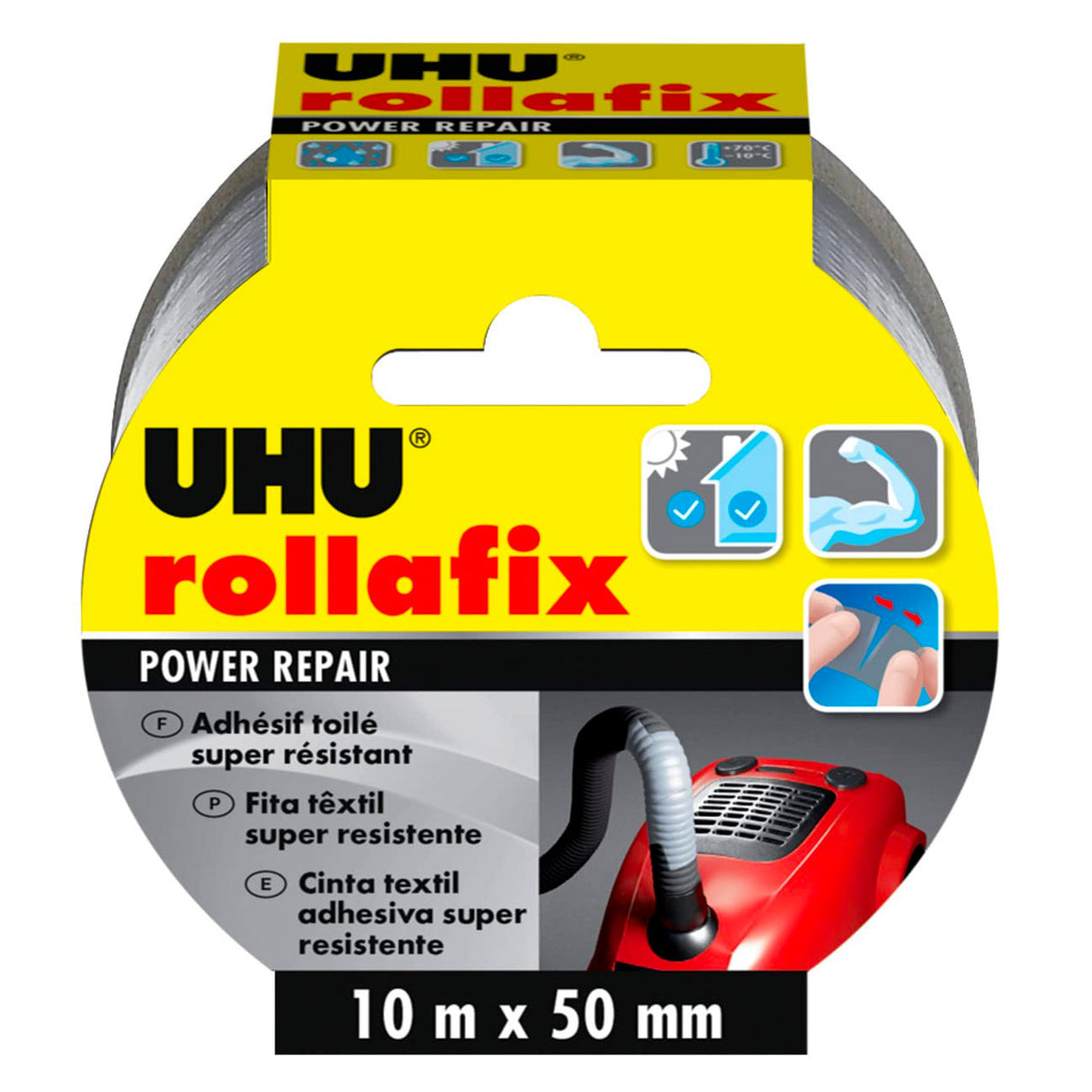 UHU Rollafix power repair - Ruban adhésif toilé waterproof pour réparer, consolider, colmater, connecter, gris, 10mx 50mm