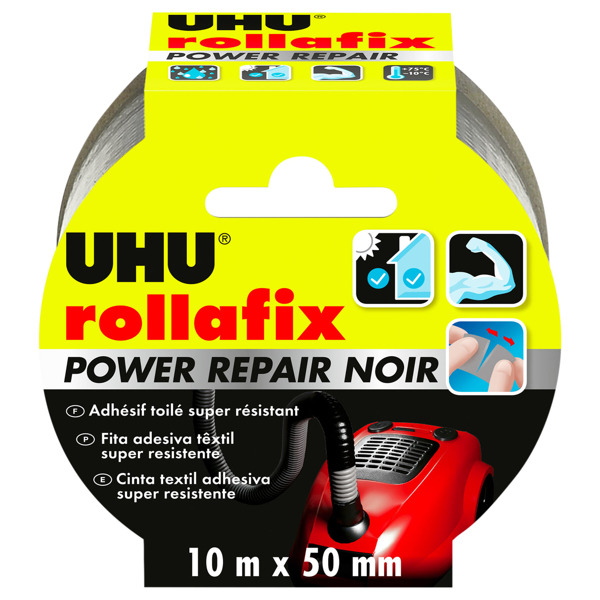 UHU Rollafix power repair - Ruban adhésif toilé waterproof pour réparer, consolider, colmater, connecter, noir, 10mx 50mm