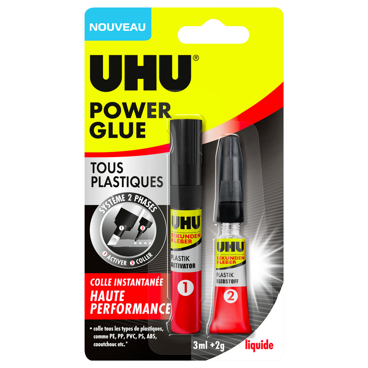 UHU Power glue tous plastiques - colle instantanée, ultra rapide et forte, tous plastiques, transparente, tube activateur 3ml + tube colle 2g