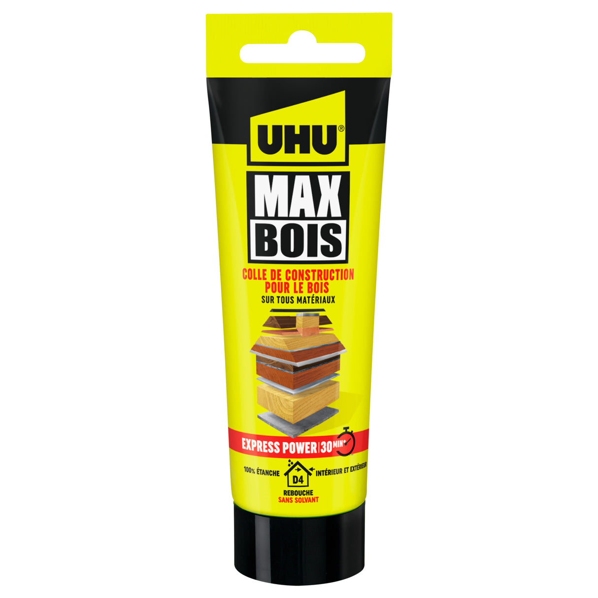 UHU Max Bois express- Colle à bois SMP, extrèmement forte et rapide, résistante à l'eau, D4, sans solvant, blanc, tube 100g