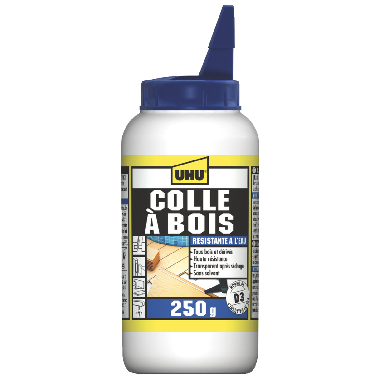 UHU Colle à bois waterproof - Résiste à l'eau, l'intérieur et l'extérieur, D3, sans solvants, embout de précision, transparente, biberon 250g