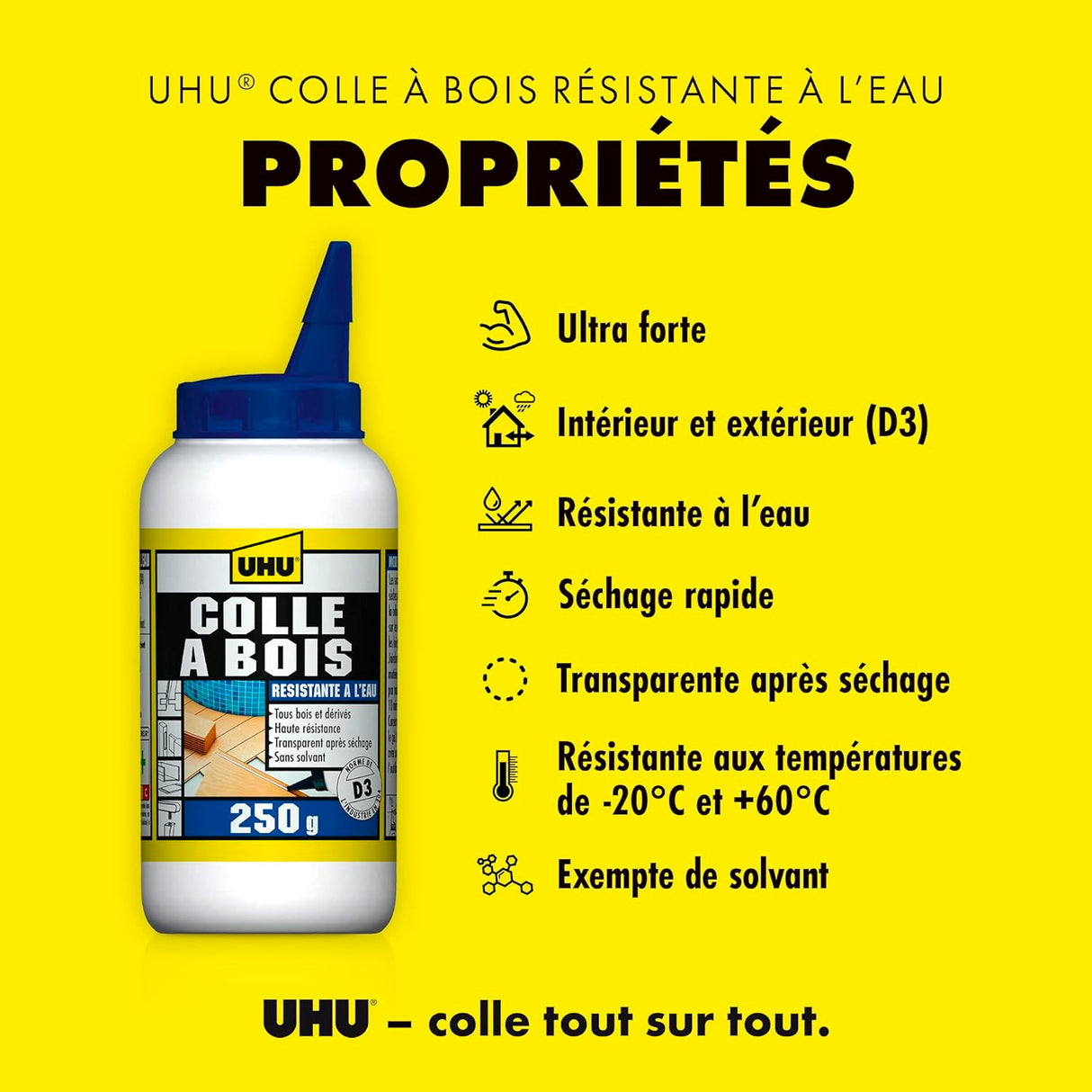 UHU Colle à bois waterproof - Résiste à l'eau, l'intérieur et l'extérieur, D3, sans solvants, embout de précision, transparente, biberon 250g