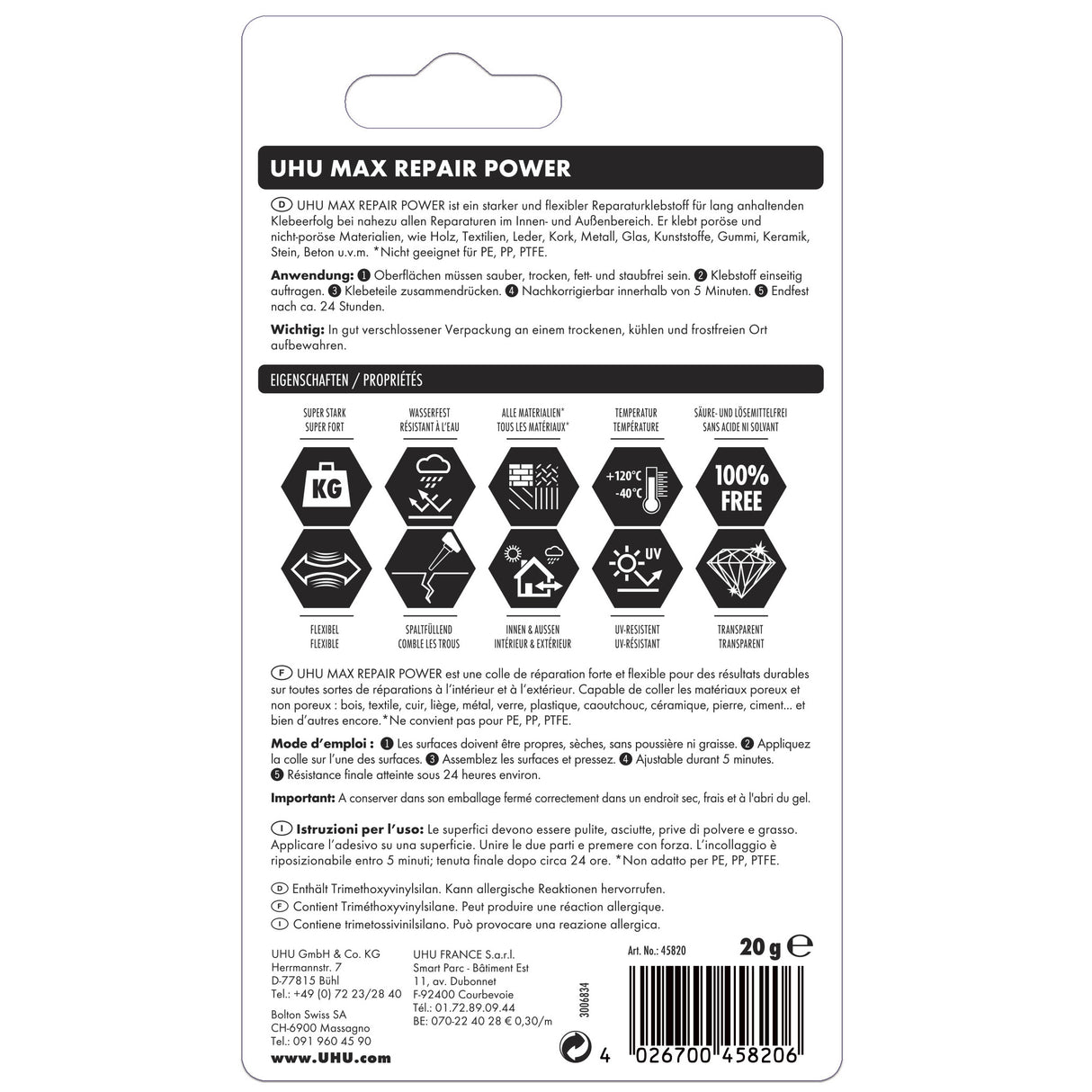 UHU Max Repair power - Colle extra puissante et flexible, transparente, idéale pour les chaussures, le caoutchouc, le cuir, tube 20g