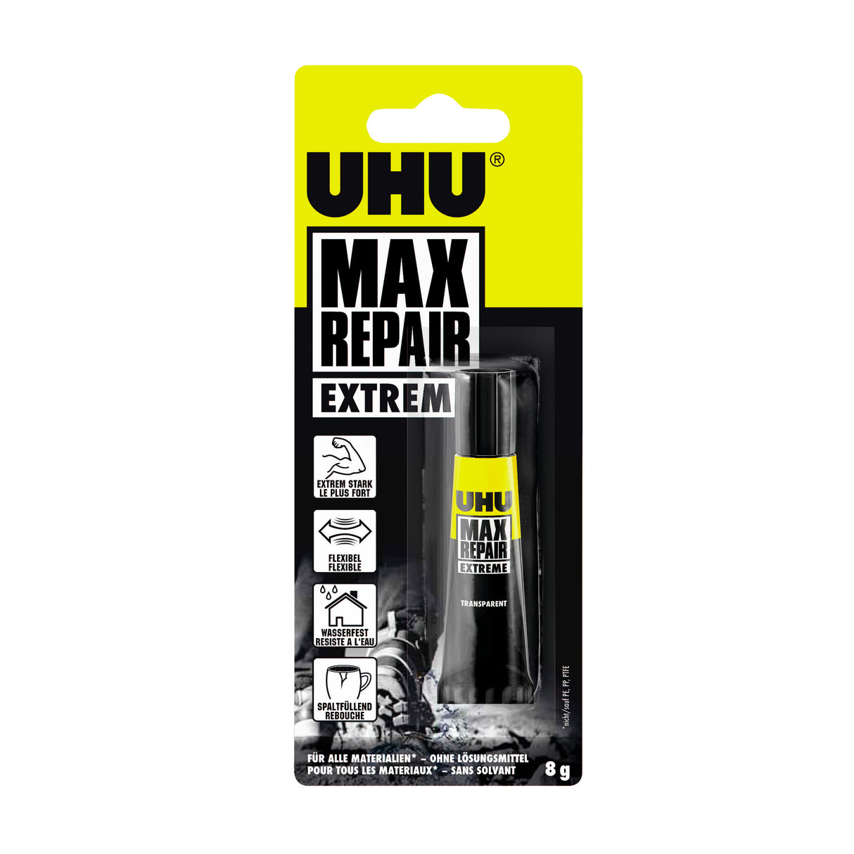 UHU Max Repair power - Colle extra puissante et flexible, transparente, idéale pour les chaussures, le caoutchouc, le cuir, tube 8g
