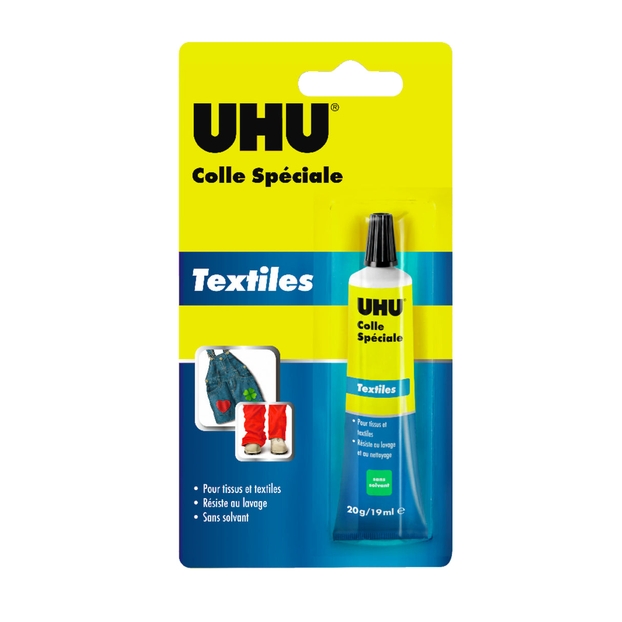 UHU Colle spéciale textiles - Colle idéale pour les ourlets et réparer les trous et déchirures dans les vêtements, transparente, tube 20g