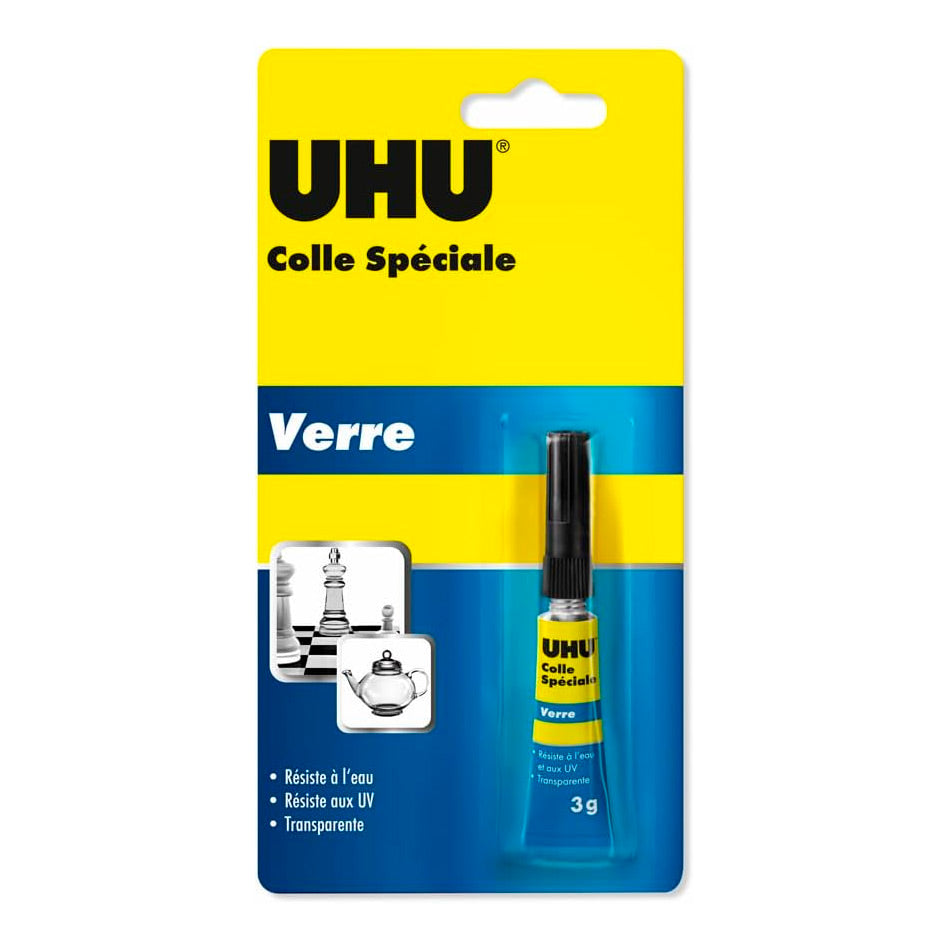 UHU Colle spéciale verre - colle forte, rapide, étanche, réactive aux UV, transparente, tube 3g