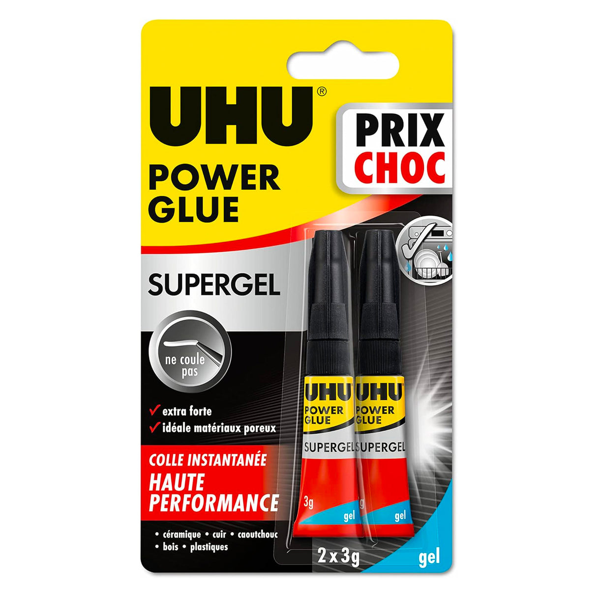 UHU Power glue gel - Colle instantanée ultra rapide et forte, ne coule pas, sans solvants, transparente, tubes 2x3g