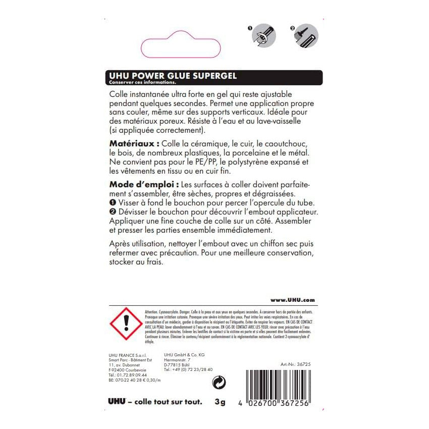 UHU Power glue gel - Colle instantanée ultra rapide et forte, ne coule pas, sans solvants, transparente, tubes 2x3g
