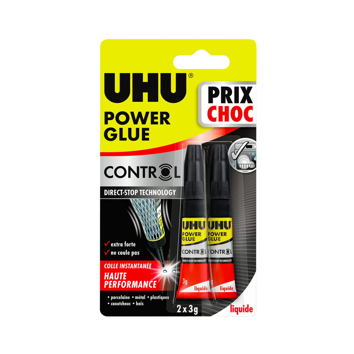 UHU Power glue liquide control - colle instantanée, ultra rapide et forte, technologie anti-goutte, sans solvants, transparente, tubes 2x3g