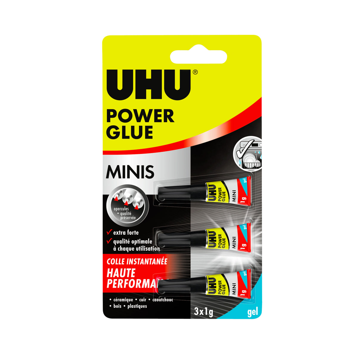 UHU Power glue minis gel - Colle instantanée ultra rapide et forte, ne coule pas, sans solvants, transparente, tubes 3x1g