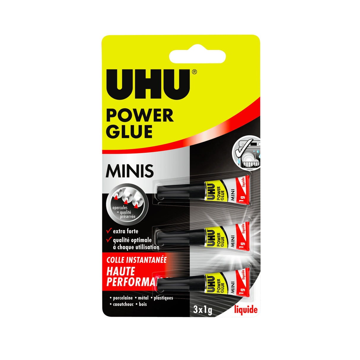 UHU Power glue minis liquide - Colle instantanée ultra rapide et forte, sans solvants, transparente, tubes 3x1g