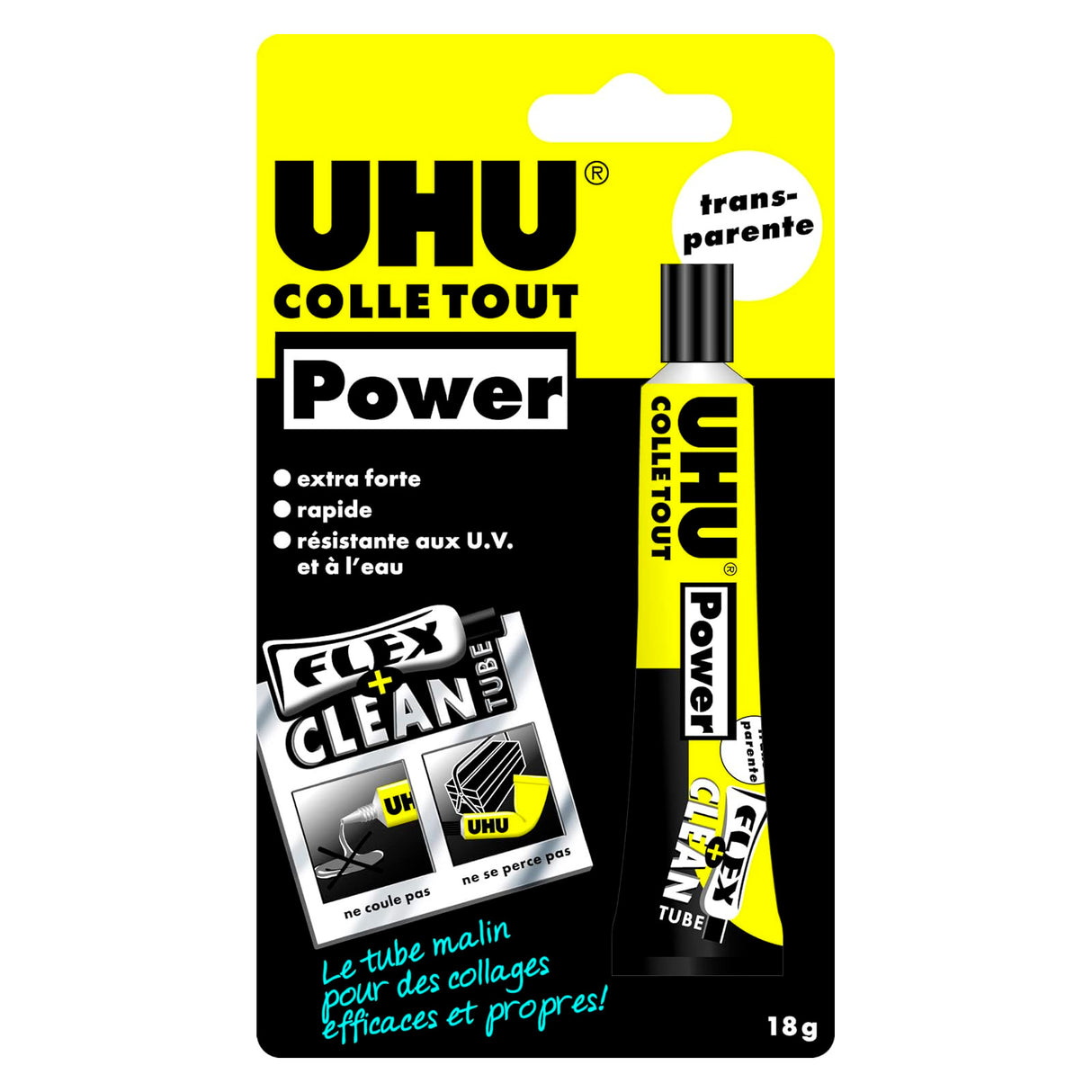UHU Colle tout Power Flex + Clean - Colle liquide extra forte et rapide, universelle, transparente, tube 18 g