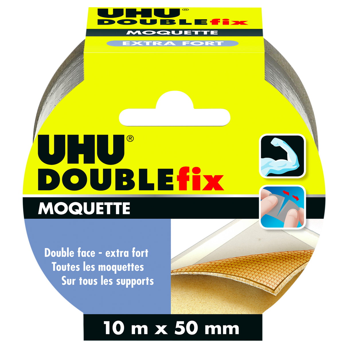 UHU Doublefix - Ruban adhésif double face extra fort pour les moquettes et tapis, ruban de 10m x 50mm