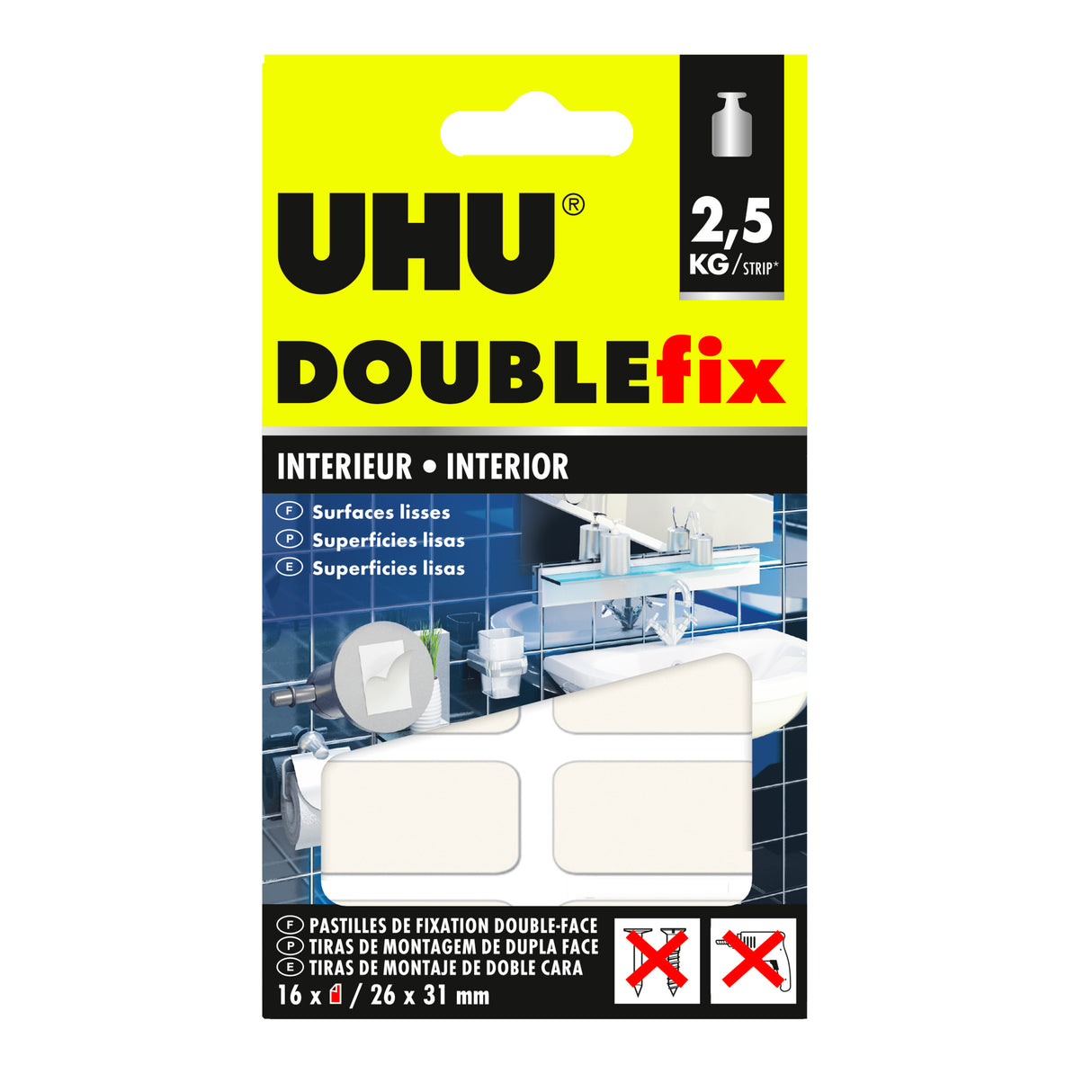 UHU Doublefix intérieur extra fort - Ruban adhésif double face, ultra puissant, blanc, 16 pastilles