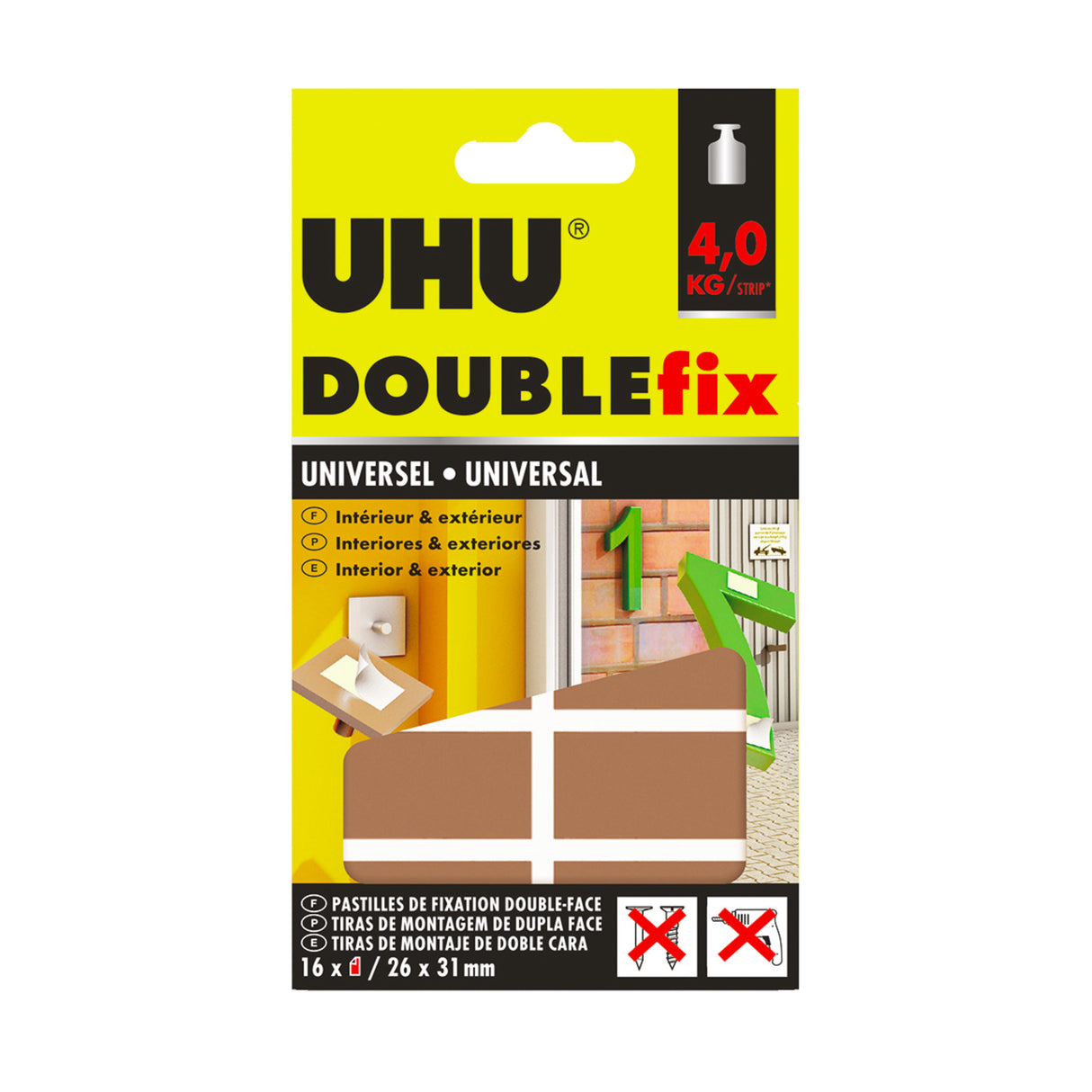 UHU Doublefix universel - Pastilles adhésives, ultra forte, résistance à 4 Kg, blanches, 16 pastilles