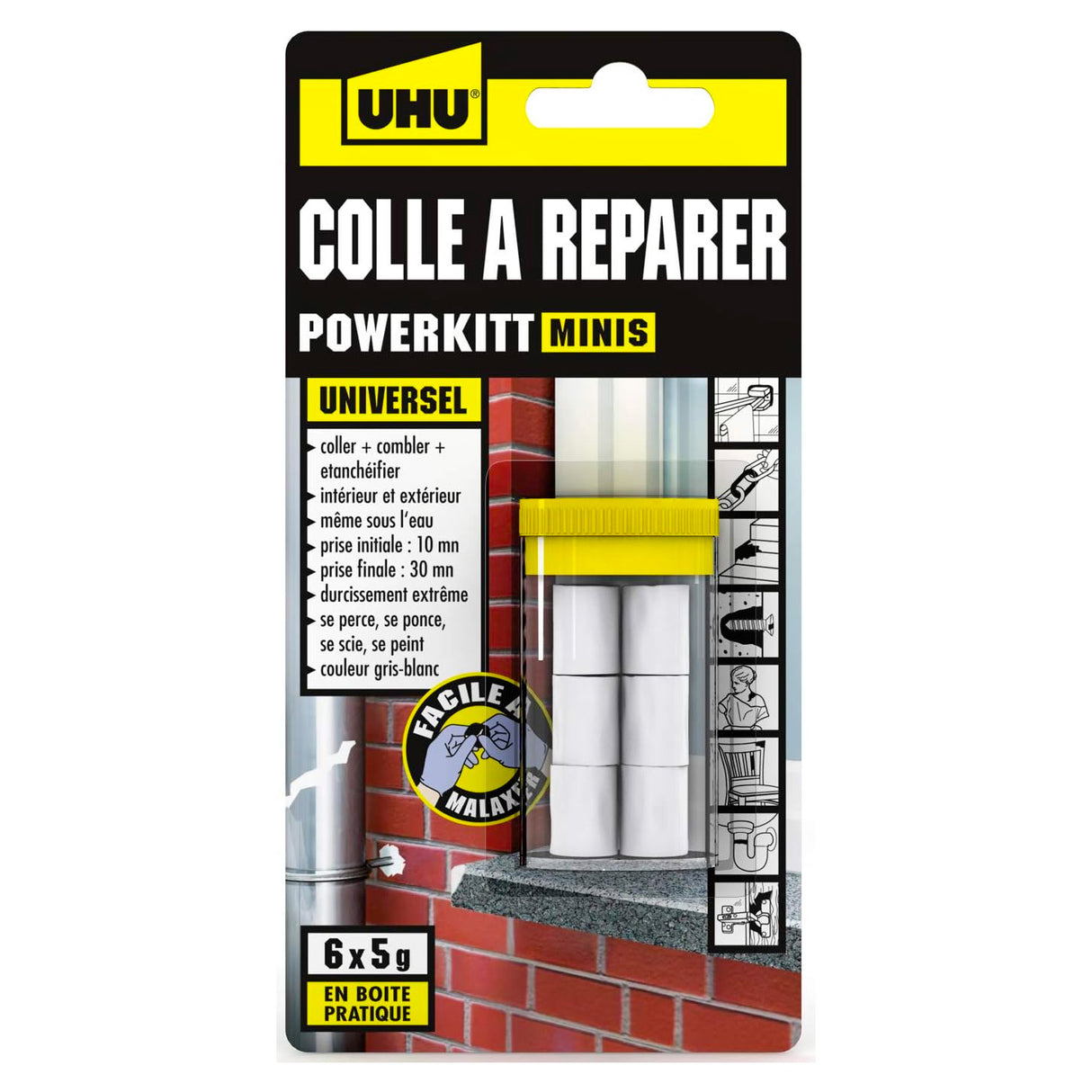 UHU Colle à réparer Powerkitt mini - Pâte époxy 2 composants pour coller, combler, étanchéifier, réparer, intérieur et extérieur, Gris, 6 x 5g