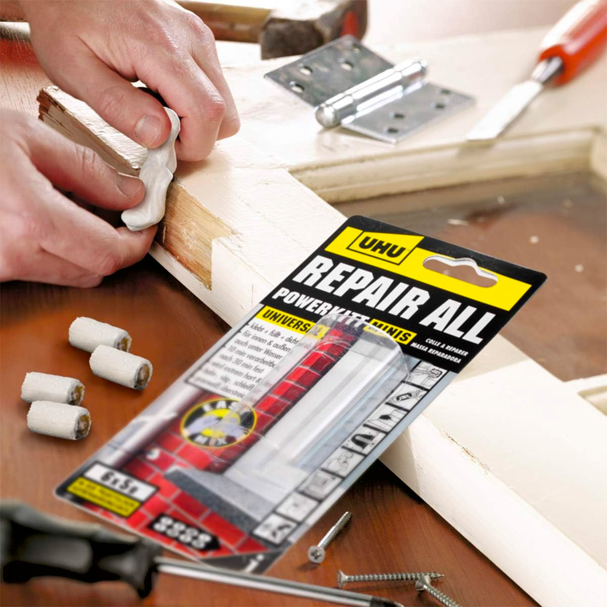 UHU Colle à réparer Powerkitt mini - Pâte époxy 2 composants pour coller, combler, étanchéifier, réparer, intérieur et extérieur, Gris, 6 x 5g