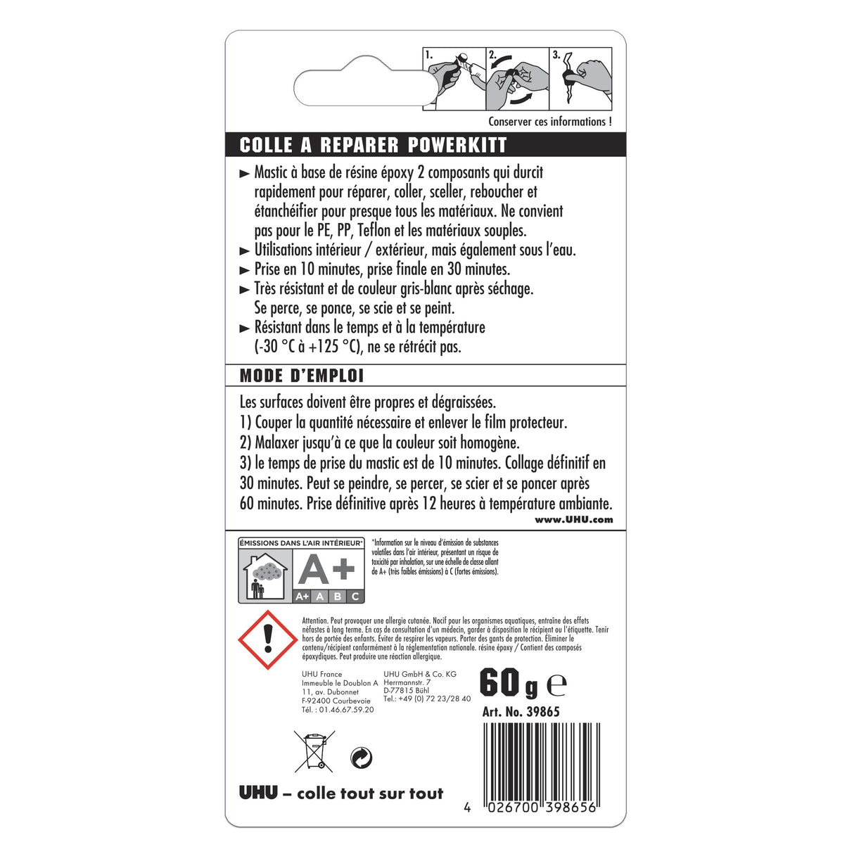 UHU Colle à réparer Powerkitt universel - Pâte époxy 2 composants pour coller, combler, étanchéifier, réparer, intérieur et extérieur, Gris, 60g